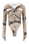 OUDE WAAG 25 Autumn/Winter Knot Stretch Velvet Bodysuit OW-OW-25AW-BD01P2WI018-MHYH Beige Gray Print